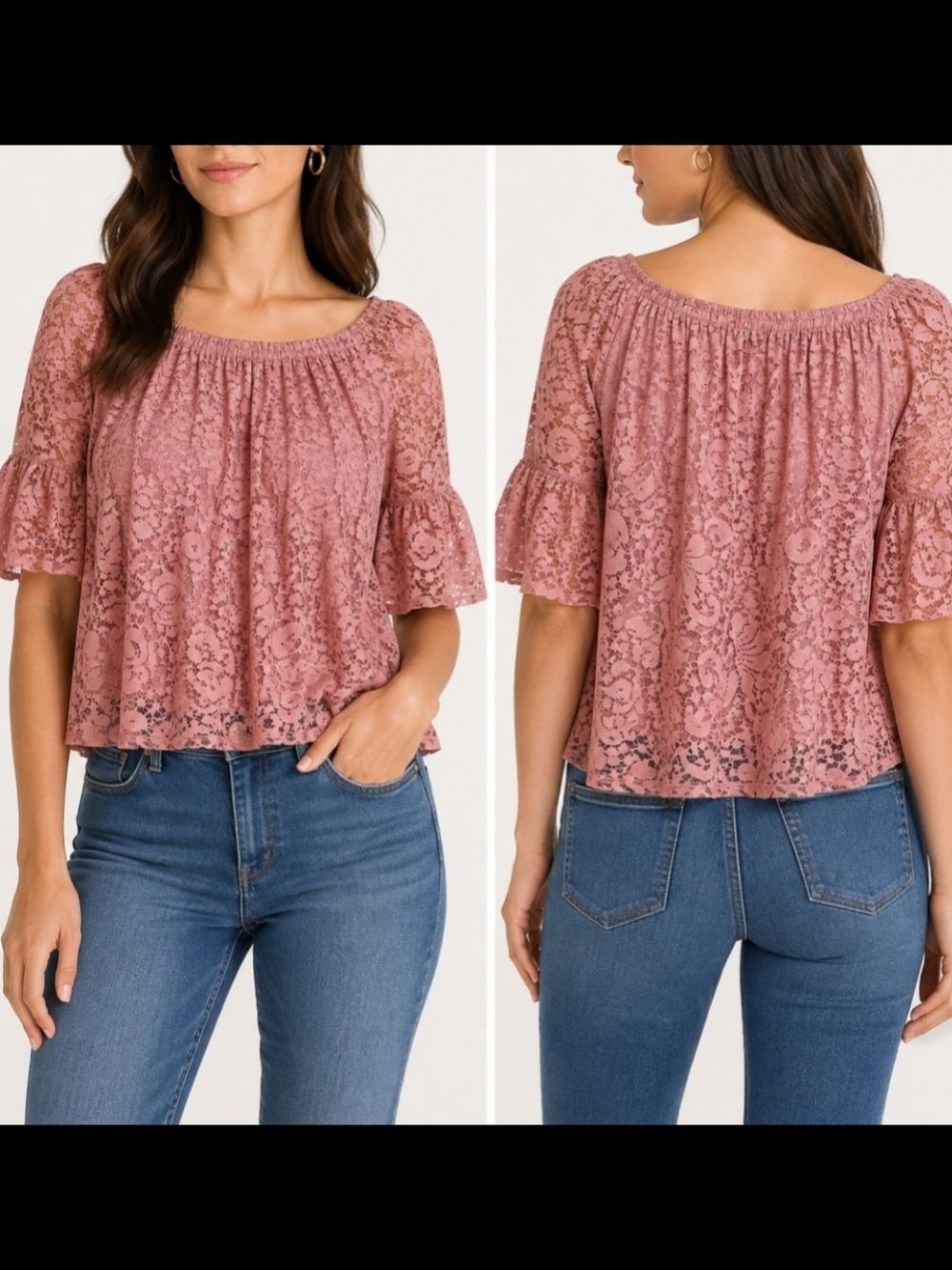 meraki Dusty Rose Lace Off-Shoulder Top